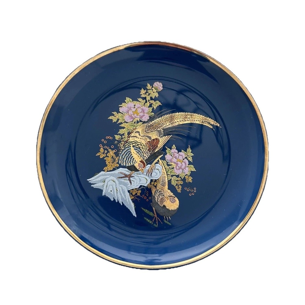 Vtg Japanese Blue plate Tajimi Pottery Porcelain dish Pheasants Rare Gold Detail